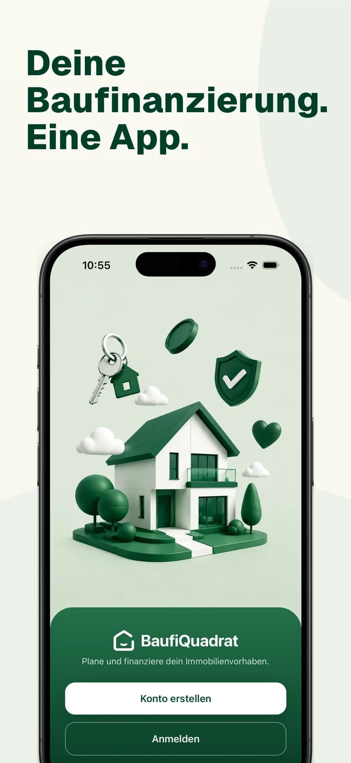 BaufiQuadrat-App: Willkommensbildschirm mit „Konto erstellen“ und „Anmelden“