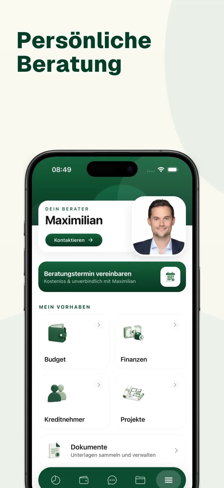 BaufiQuadrat-App: Dashboard mit persönlichem Berater, Beratungstermin sowie Budget, Finanzen, Kreditnehmer, Projekten und Dokumenten