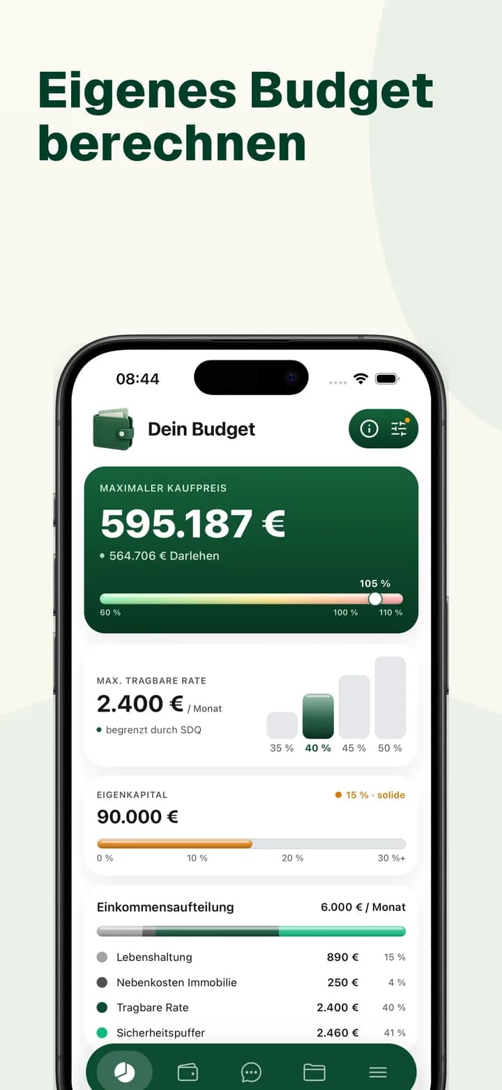 BaufiQuadrat-App: Budget-Screen mit maximalem Kaufpreis, tragbarer Monatsrate, Eigenkapital und Einkommensaufteilung