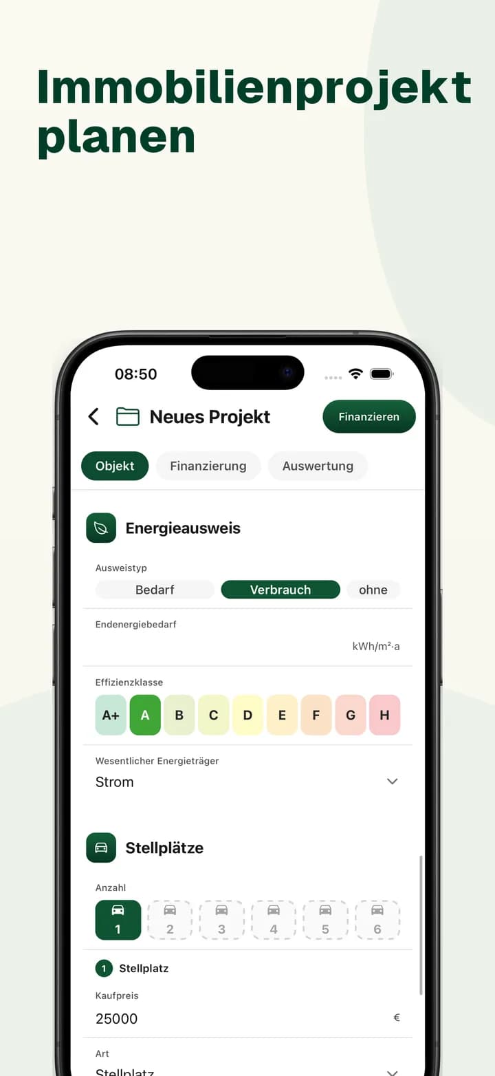 BaufiQuadrat-App: Neues Immobilienprojekt anlegen mit Energieausweis, Effizienzklasse und Stellplätzen