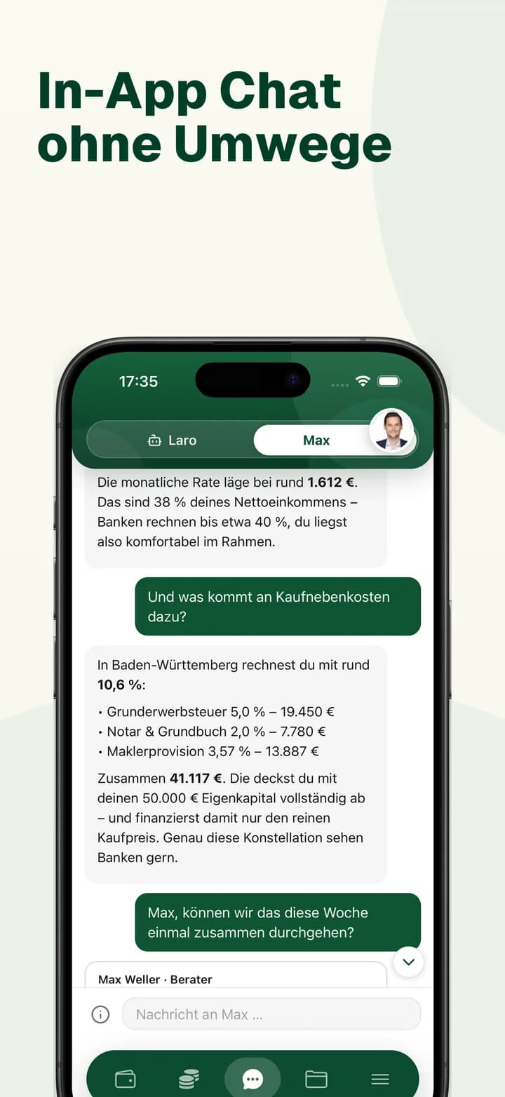 BaufiQuadrat-App: In-App-Chat mit KI-Assistent Laro und dem persönlichen Berater