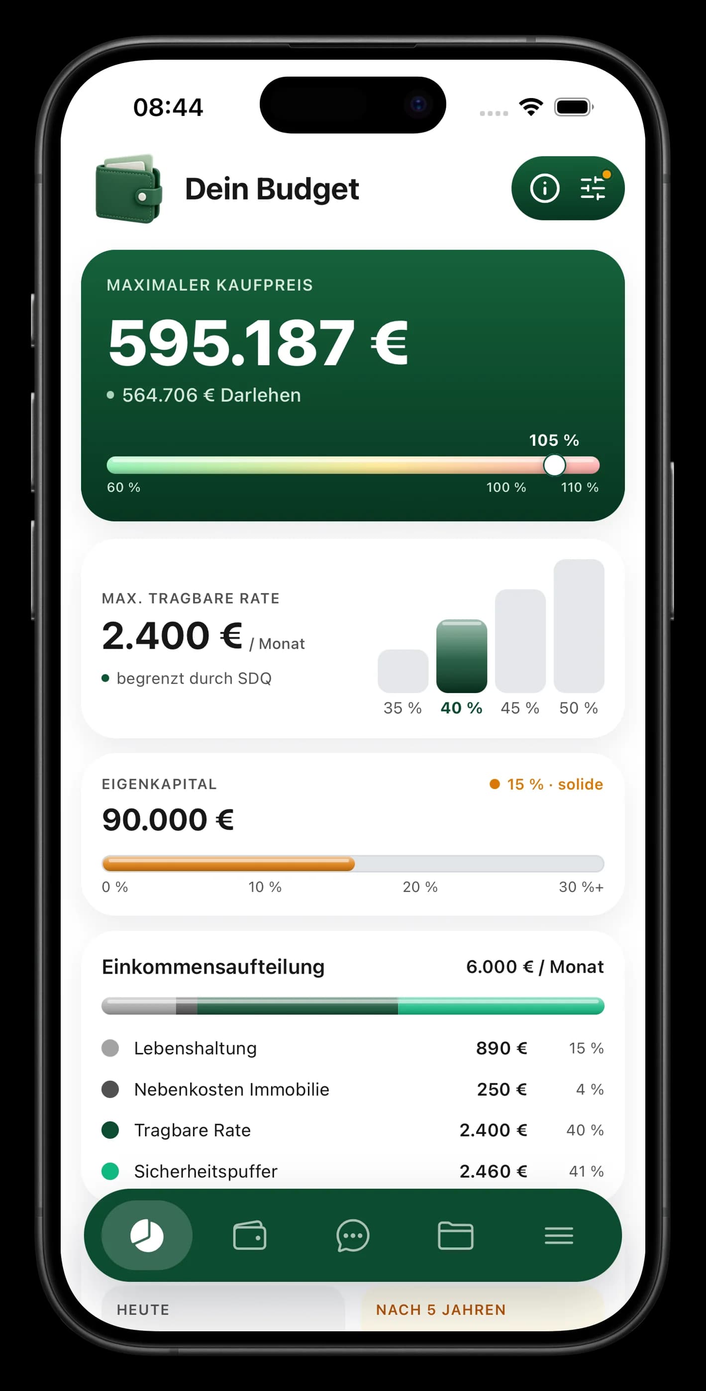 BaufiQuadrat-App: Budget-Screen und Dashboard mit persönlichem Berater, Finanzen, Projekten und Dokumenten