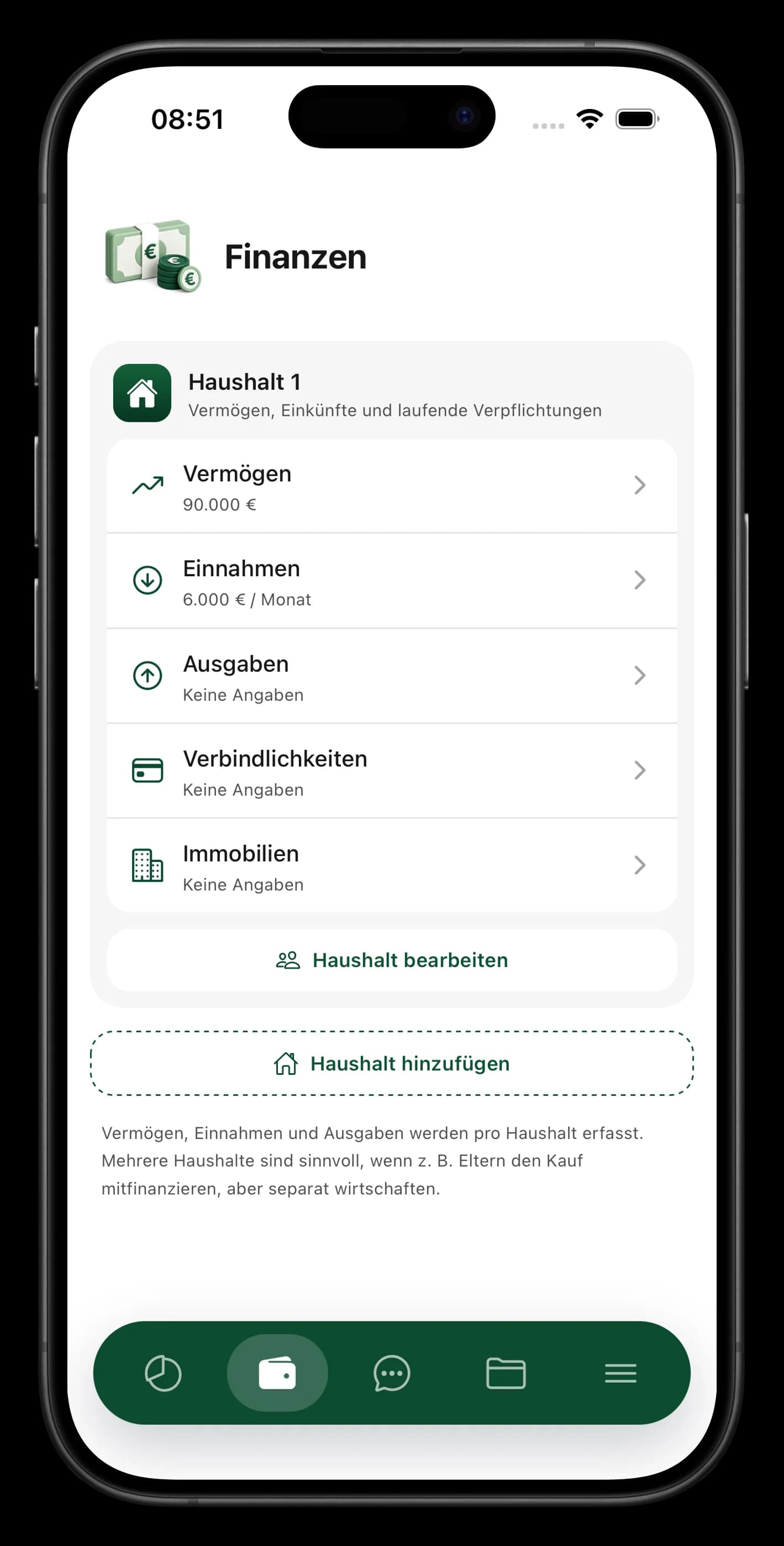 BaufiQuadrat-App: Budget-Screen und Dashboard mit persönlichem Berater, Finanzen, Projekten und Dokumenten