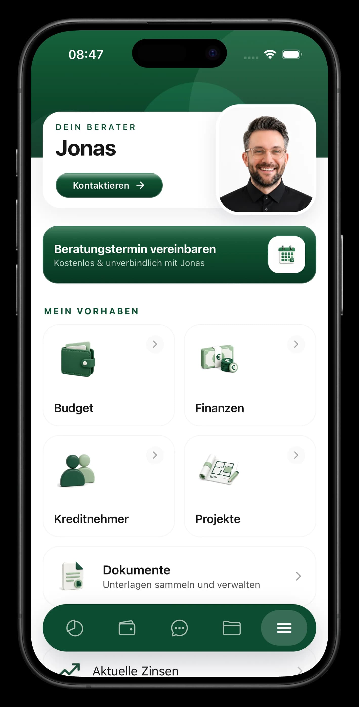 BaufiQuadrat-App: Budget-Screen und Dashboard mit persönlichem Berater, Finanzen, Projekten und Dokumenten